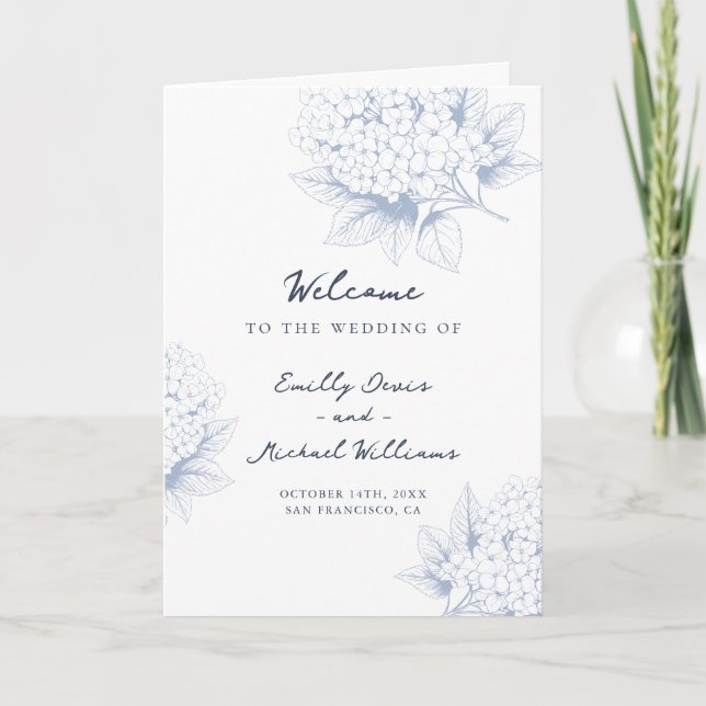 Dusty Blue Hydrangea Folded Wedding Program Programme (Front)