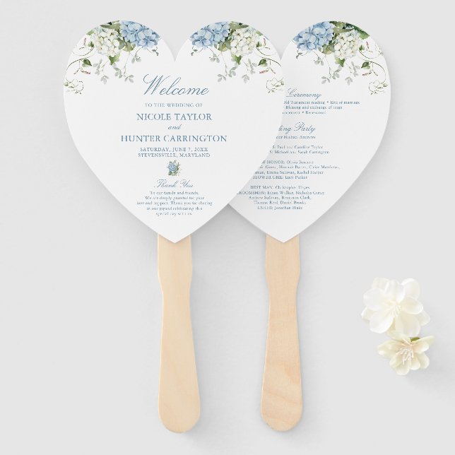 Dusty Blue Hydrangea Heart Wedding Program Hand Fan (Front and Back)