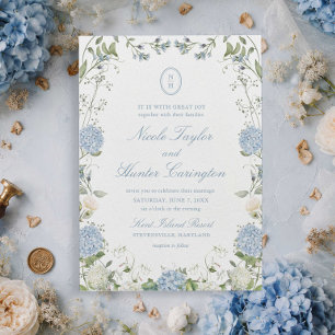 Dusty Blue Hydrangea Monogram Wedding Crest Invitation