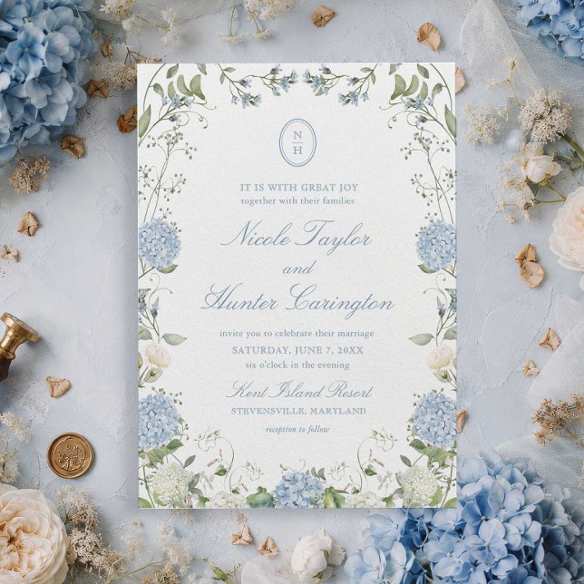 Dusty Blue Hydrangea Monogram Wedding Crest Invitation (Creator Uploaded)