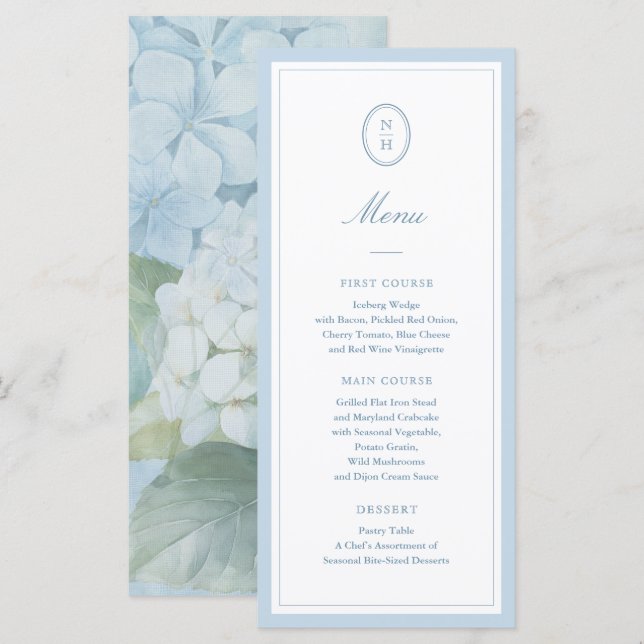 Dusty Blue Hydrangea Monogram Wedding Flat Menu (Front/Back)