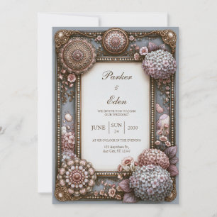 Dusty Blue Hydrangea Pearl Wedding Invitation