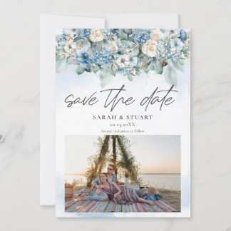 Dusty Blue Hydrangea Photo QR Code Save The Date Invitation