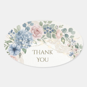 Dusty Blue Hydrangea Rose Thank You Oval Sticker