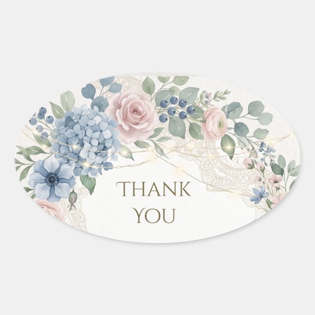 Dusty Blue Hydrangea Rose Thank You Oval Sticker (Front)