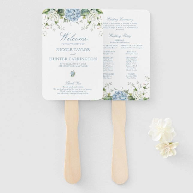 Dusty Blue Hydrangea Wedding Ceremony Program Hand Fan (Front and Back)