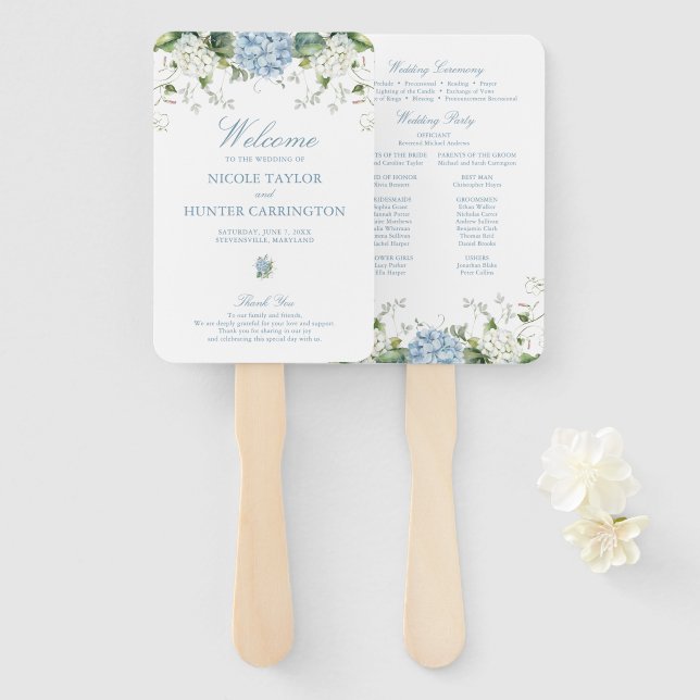 Dusty Blue Hydrangea Wedding Ceremony Program Hand Fan (Front and Back)