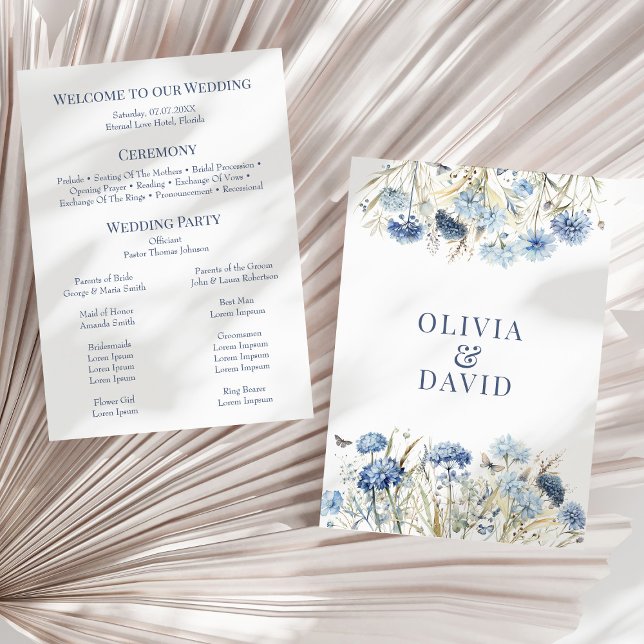 Dusty Blue Hydrangea Wedding Ceremony Program Invitation (Boho French Blue Wildflower Meadow Wedding Program on a sunny dry palm leaf.)