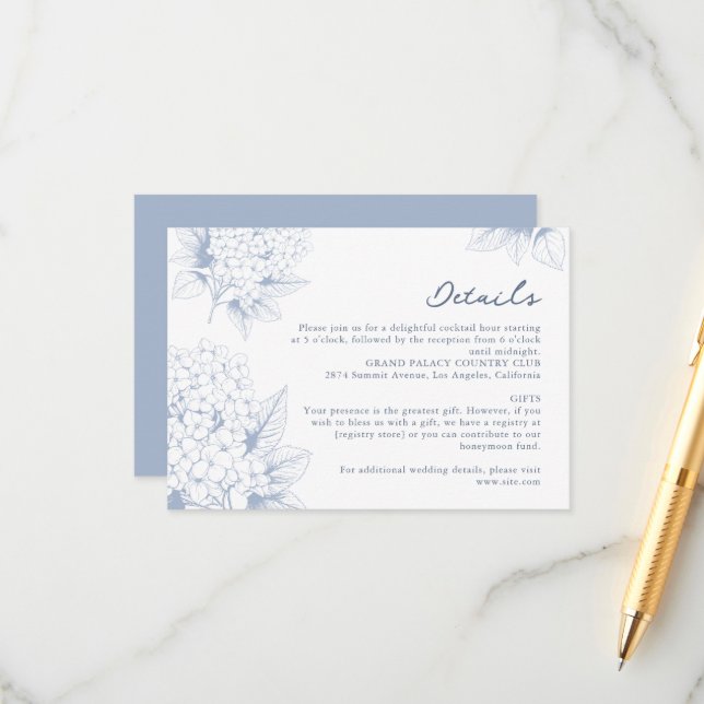 Dusty Blue Hydrangea Wedding Details Enclosure Card (Front/Back In Situ)