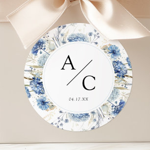 Dusty Blue Hydrangea Wedding Monogram Floral Classic Round Sticker