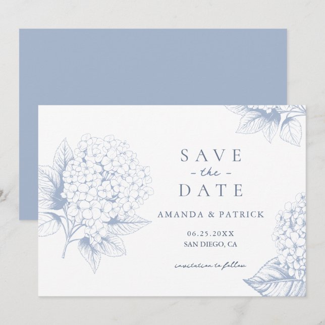 Dusty Blue Hydrangea Wedding Save the Date Card (Front/Back)