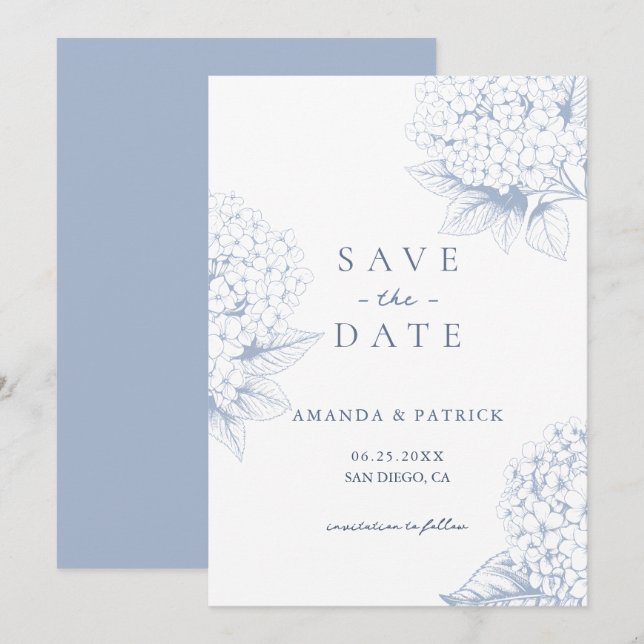 Dusty Blue Hydrangea Wedding Save the Date Card (Front/Back)