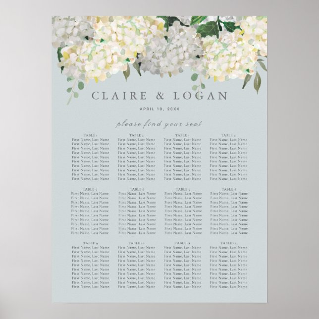 Dusty Blue Hydrangea Wedding Seating Chart (Front)