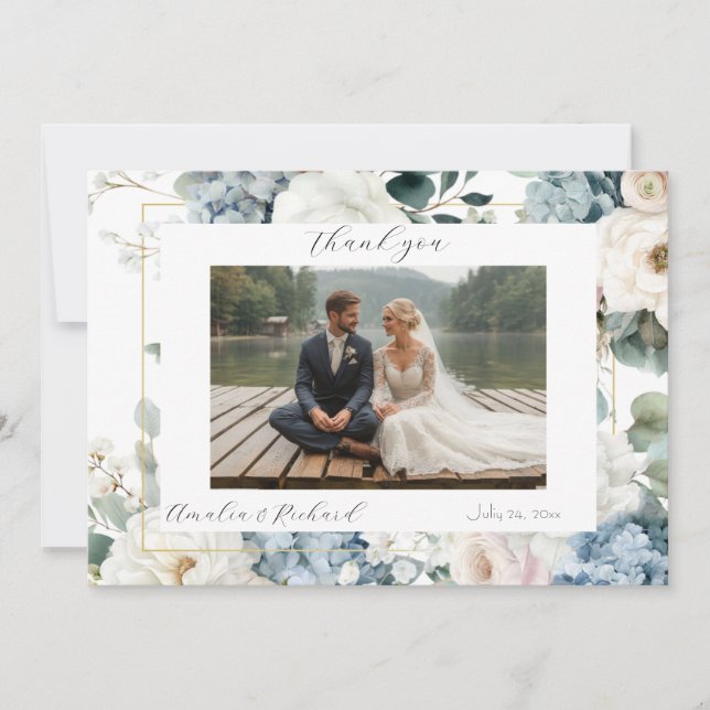 Dusty Blue Hydrangea Wedding Thank You Card  (Front)