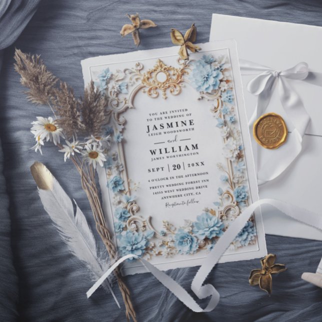 Dusty Blue Hydrangeas Embossed Elegant Wedding Invitation (Creator Uploaded)