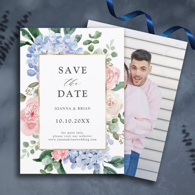 Dusty blue hydrangeas pastel pink roses Photo Save The Date (dusty blue pink hydrangea floral photo save the date)