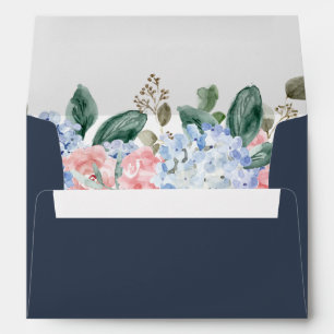 Dusty blue hydrangeas pastel pink roses wedding en envelope