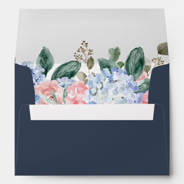 Dusty blue hydrangeas pastel pink roses wedding en envelope (Back (Bottom))