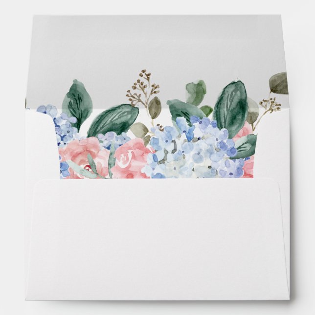 Dusty blue hydrangeas pastel pink roses wedding envelope (Back (Bottom))