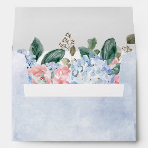 Dusty blue hydrangeas pastel pink roses wedding envelope