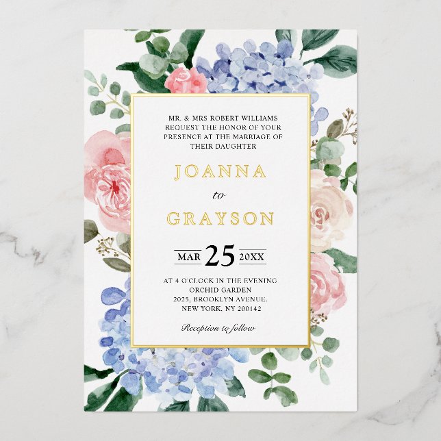 Dusty blue hydrangeas pastel pink roses wedding fo (Front)