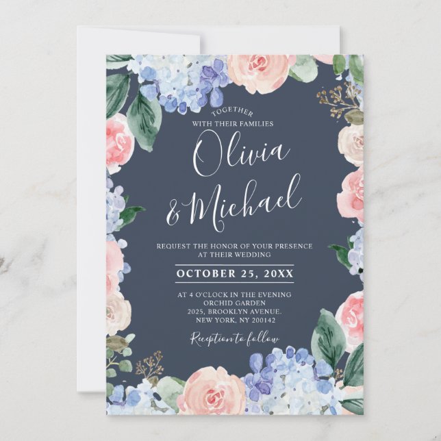 Dusty blue hydrangeas pastel pink roses wedding in invitation (Front)