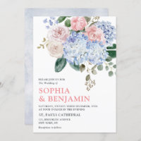 Dusty blue hydrangeas pastel pink roses wedding