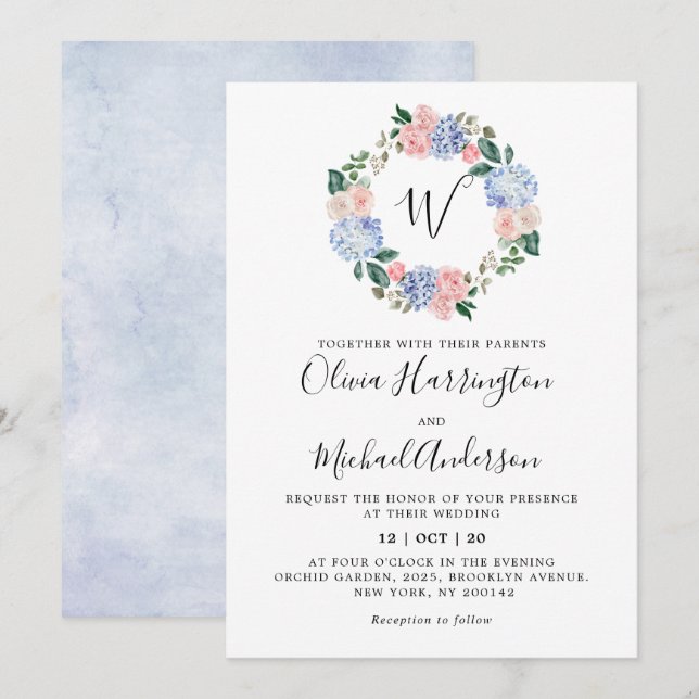 Dusty blue hydrangeas pastel pink roses wedding invitation (Front/Back)