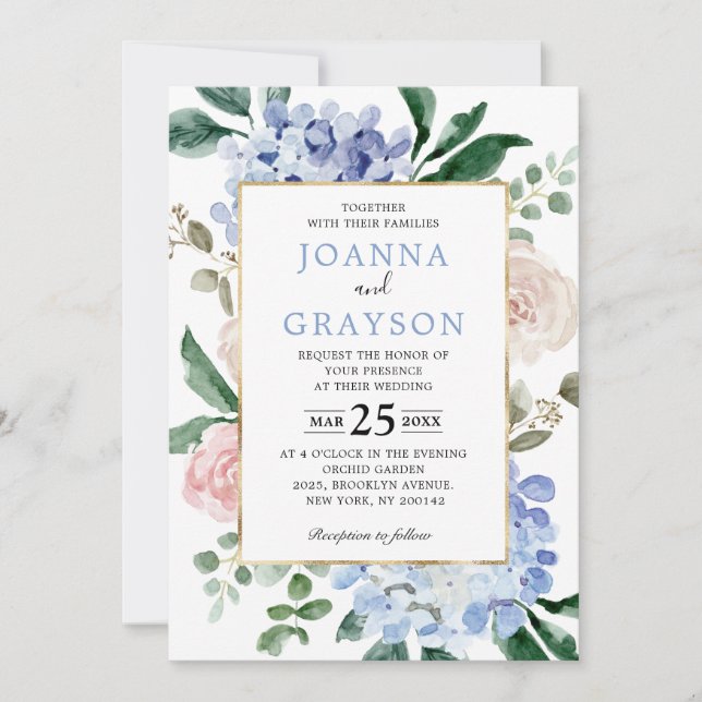 Dusty blue hydrangeas pastel pink roses wedding invitation (Front)
