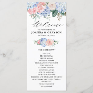 Dusty blue hydrangeas pastel pink roses wedding programme