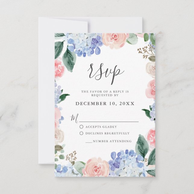 Dusty blue hydrangeas pastel pink roses wedding RSVP card (Front)