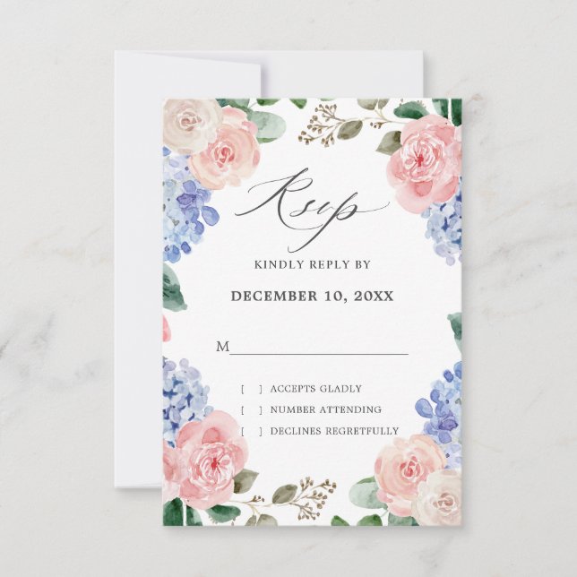 Dusty blue hydrangeas pastel pink roses wedding RSVP card (Front)