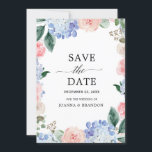 Dusty blue hydrangeas pastel pink roses wedding save the date<br><div class="desc">Modern wedding save the date card featuring light blue/ dusty blue watercolor hydrangeas with pastel pink , blush, peach , white roses, peonies, sage eucalyptus leaves, branches and foliage. Muted soft and dreamy romantic shades spring summer watercolor floral designs to match with your themed wedding. Please find more matching designs...</div>