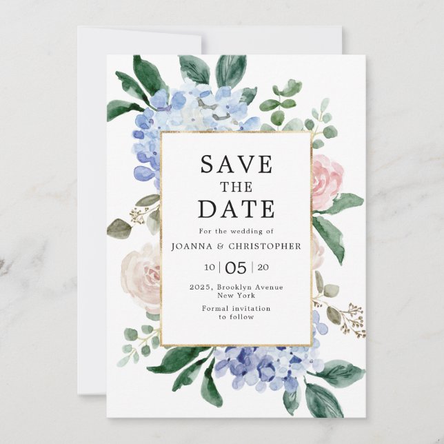 Dusty blue hydrangeas pastel pink roses wedding save the date (Front)