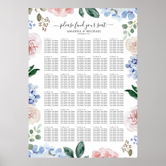 Dusty blue hydrangeas pastel pink Seating Chart (Front)