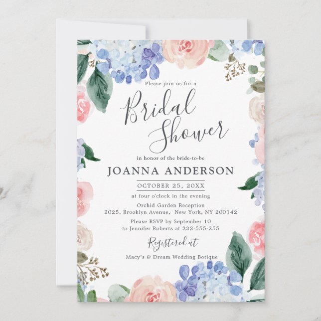 Dusty blue hydrangeas pink roses Bridal Shower Invitation (Front)