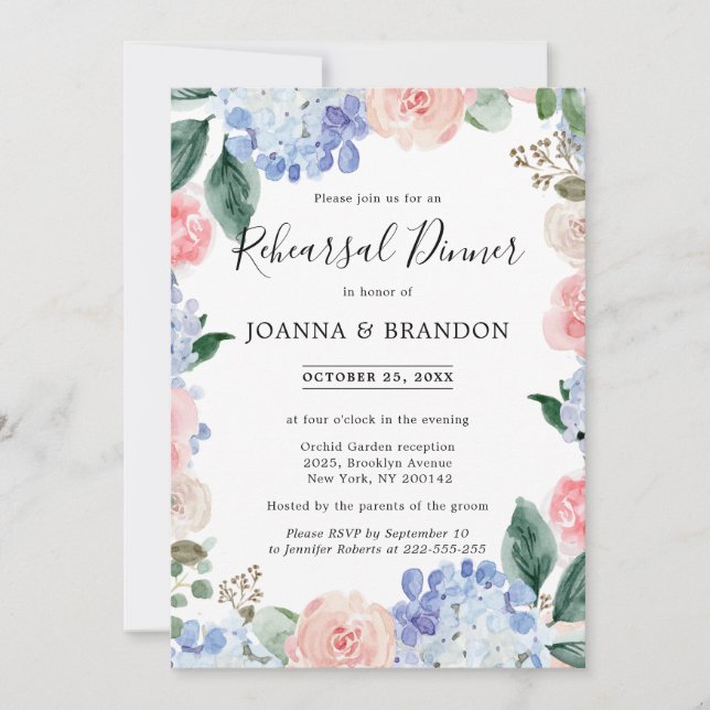 Dusty blue hydrangeas pink roses rehearsal dinner invitation (Front)