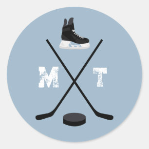 Dusty Blue Ice Hockey Classic Distressed Monogram Classic Round Sticker