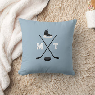 Dusty Blue Ice Hockey Classic Distressed Monogram Cushion
