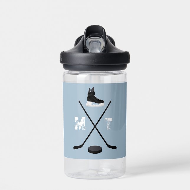 Dusty Blue Ice Hockey Classic Distressed Monogram Water Bottle (Front)