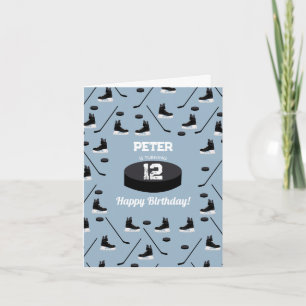 Dusty Blue Ice Hockey Stick, Skates Puck Birthday Card