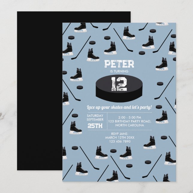 Dusty Blue Ice Hockey Stick, Skates Puck Birthday Invitation (Front/Back)