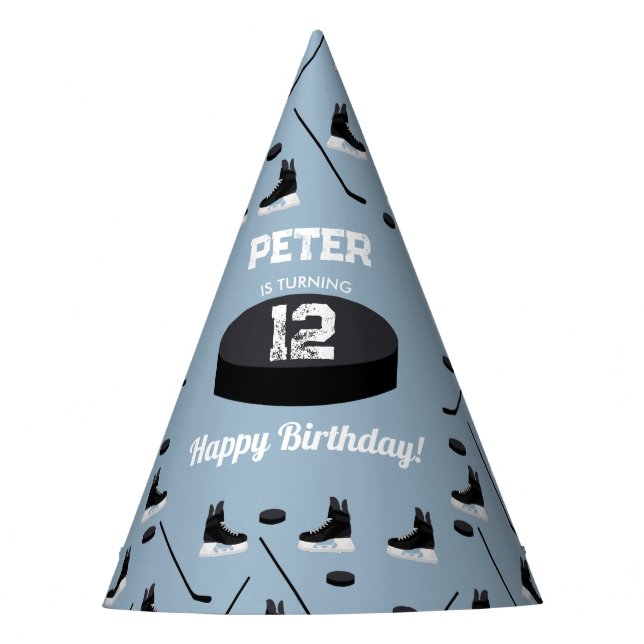 Dusty Blue Ice Hockey Stick, Skates Puck Birthday Party Hat (Front)