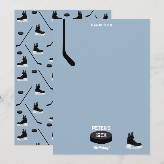 Dusty Blue Ice Hockey Stick, Skates Puck Birthday Thank You Card (Front/Back)