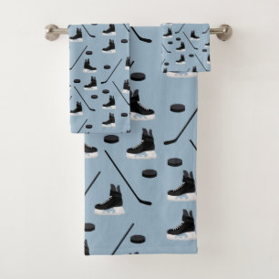 Dusty Blue Ice Hockey Stick, Skates & Puck Pattern Bath Towel Set