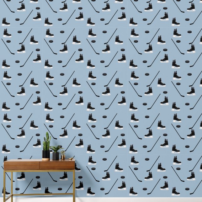 Dusty Blue Ice Hockey Stick, Skates & Puck Pattern Wallpaper (Hallway)