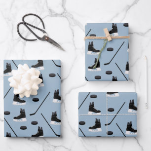 Dusty Blue Ice Hockey Stick, Skates & Puck Pattern Wrapping Paper Sheet