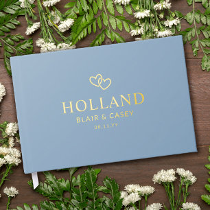 Dusty Blue Interlocked Hearts Romantic Wedding Guest Book