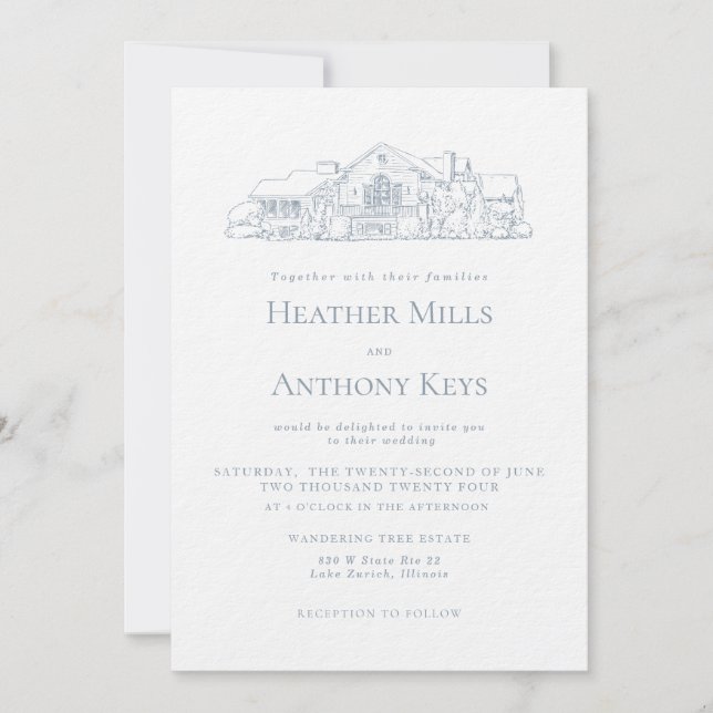 Dusty Blue  Invitation with Sketch of the Venue (Front)