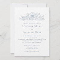 Dusty Blue  Invitation with Sketch of the Venue